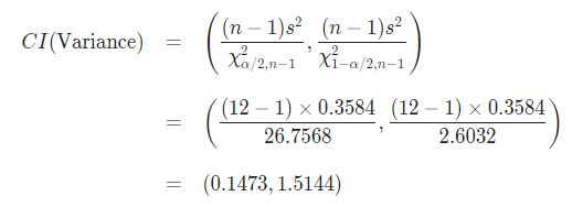 CI(Variance) = ((n − 1)s? (n − 1) s2 ( xa 2.1-1 xi-a/2n-1 ((12-1) x 0.3584 (12-1) x 0.3584 26.7568 2.6032 = (0.1473, 1.5144)