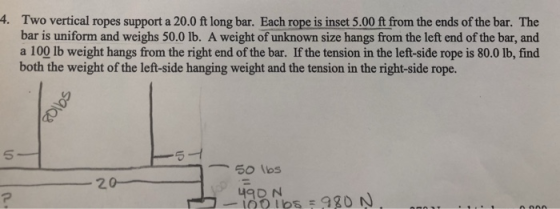 4. Two vertical ropes support a 20.0 ft long bar. Each rope is inset 5.00 ft from the ends of the bar. The bar is uniform and weighs 50.0 lb. A weight of unknown size hangs from the left end of the bar, and a 100 lb weight hangs from the right end of the bar. If the tension in the left-side rope is 80.0 lb, find both the weight of the left-side hanging weight and the tension in the right-side rope. 5 20 49D N