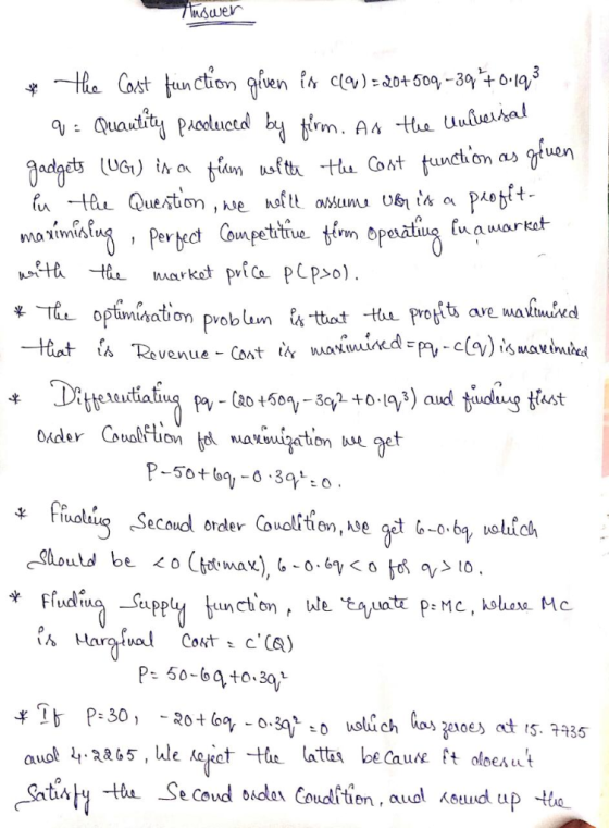 lndwer 3 1le Cost unction gen clv) 20+50q -30+ Quautity paoductd by rm A4 the uuuesal fa ustth tu Cost functon as gtuen Раеst