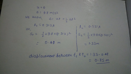 a9.8 mIS2 We know, S ut Lat 2 AIO-3132 t 0.521 SO 9-8 x(0.313 ) S27X9-80521 ) SI X 2 O.48 M = 1-33m displacement between t, 2