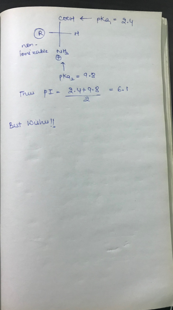 coon k pka, = 2.4 non- ionizable NH pka = 9.8 pI= 2.4+9.8 This = 6ot Thw p 2 Best Wishull