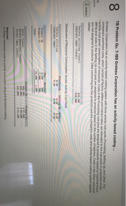 TB Problem Qu. 7-189 Groleau Corporation has an activity-based costing ... 8 10 points Groleau Corporation has an activity-ba