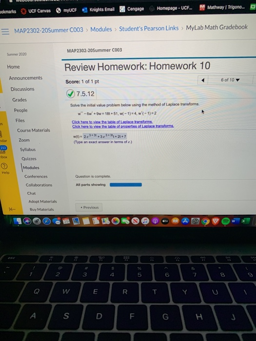sokmarks UCF Canvas MUCH Knights Email Cengage Homepage - UCF. Mathway Trigono... = MAP2302-20Summer C003 Modules > Students
