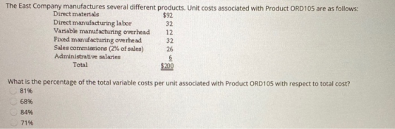 The East Company manufactures several different products. Unit costs associated with Product ORD105 are as follows: Direct ma