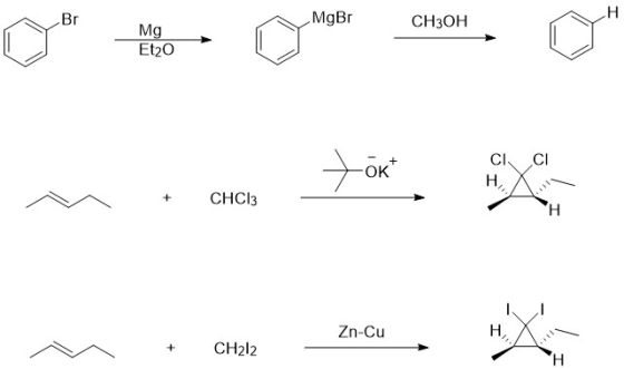 н MgBr Br СНЗОН Mg Et20 CI Н, OK CHCI3 + н Н, Zn-Cu CH212 + H T