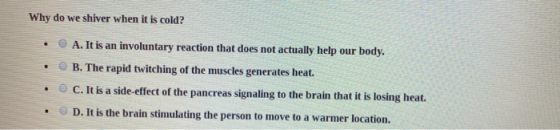 Why do we shiver when it is cold? . A. It is an involuntary reaction that does not actually help our body. B. The rapid twitc