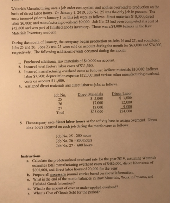 Weinrich Manufacturing uses a job order cost system and applies overhead to production on the basis of direct labor hours. On