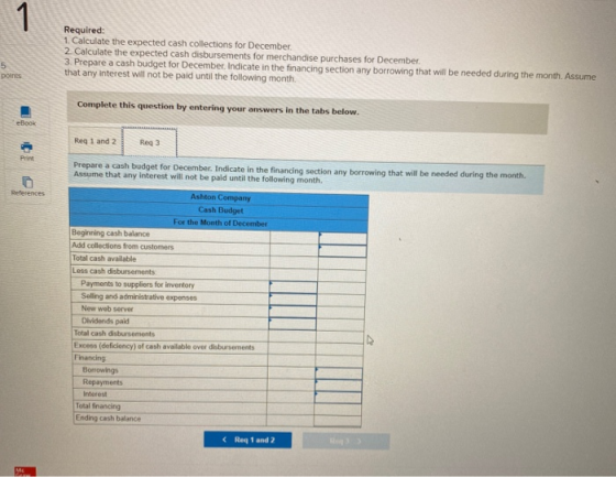 Required: 1. Calculate the expected cash collections for December 2. Calculate the expected cash disbursements for merchandis