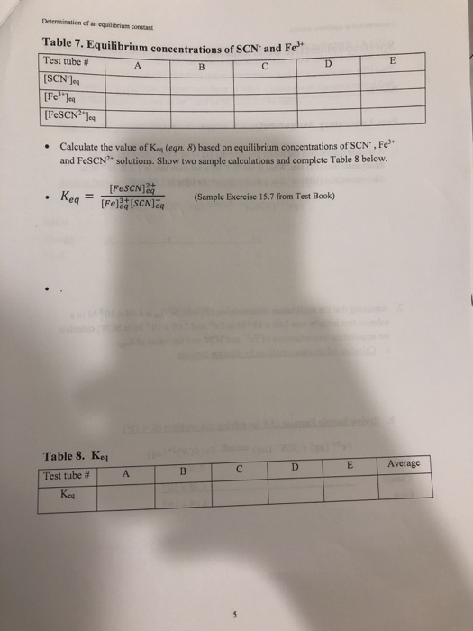 Determination of an equilibrium constant A E B с D Table 7. Equilibrium concentrations of SCN and Fet Test tube [SCN34 [Felo