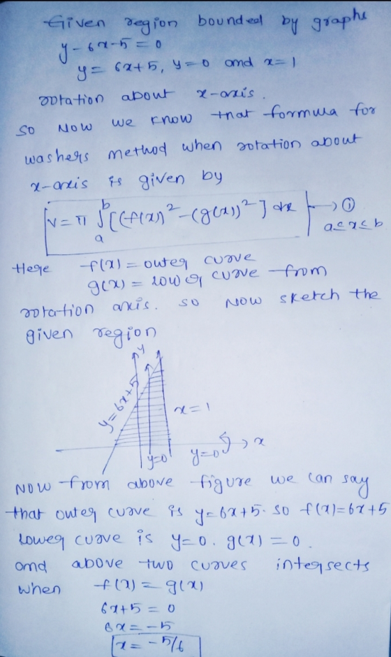 and x= 1 we know Now Given region bounded by graphe Y-60-5=0 y = 6x15, y=0 Jotation about x-axis. so that formula for washers