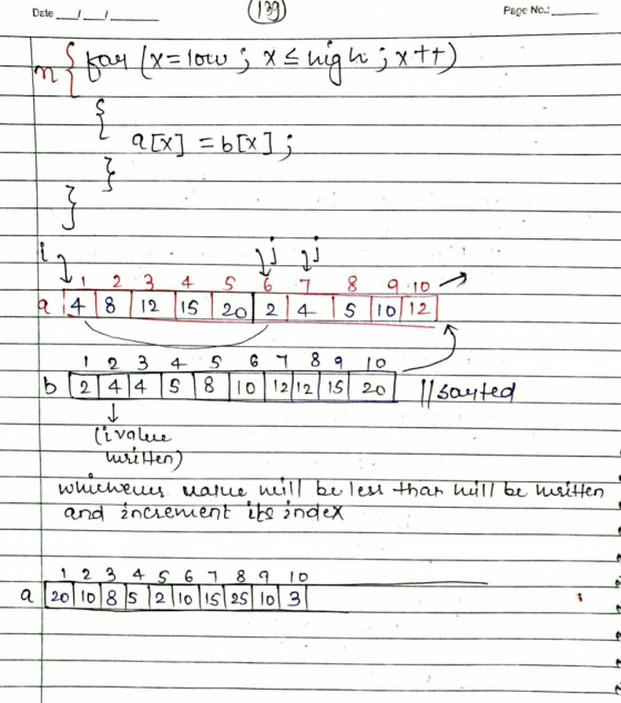 Date Page No.: for (x=low ; x = nig Wjx+1) in urt 9 [x] = b[x]; Sa 2 4 V v 6 1 20) 2 4 3 12 8 910 b2418 15 5 10 12 10 2 3 414