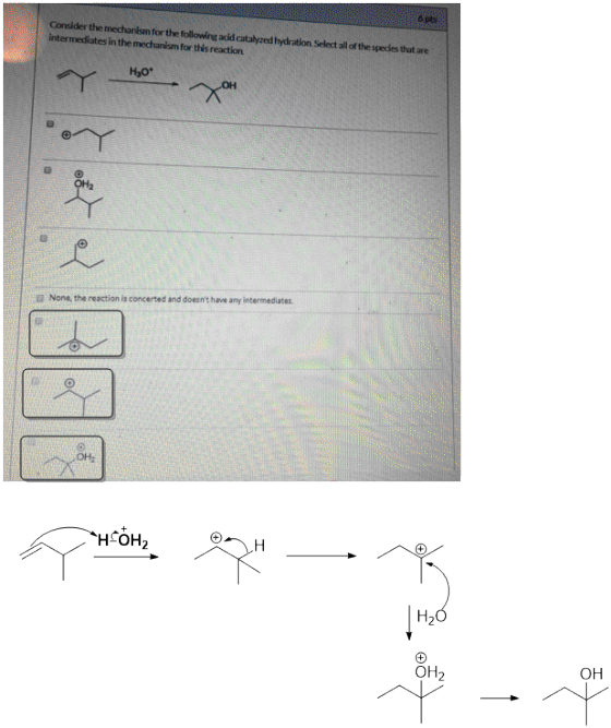 Consider the mechanism for the following acid catalyzed hydration Select all of the spedes that are intermediates in the mech