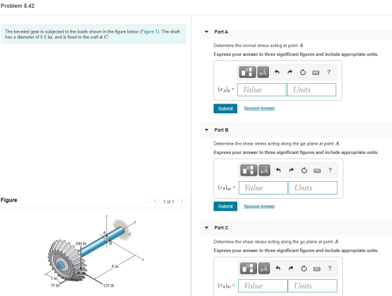 Problem 8.42 The beveled gear is subjected to the loads shown in the figure below (Figure 1). The shaft has a diameter of 0.5