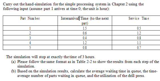Carry out the hand-simulation for the simple processing system in Chapter 2 using the following input (assume part 1 arives a