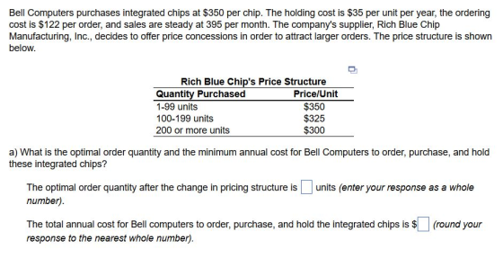 Bell Computers purchases integrated chips at $350 per chip. The holding cost is $35 per unit per year, the ordering cost is $122 per order, and sales are steady at 395 per month. The companys supplier, Rich Blue Chip Manufacturing, Inc., decides to offer price concessions in order to attract larger orders. The price structure is shown below Rich Blue Chips Price Structure Quantity Purchased 1-99 units 100-199 units 200 or more units Price/Unit $350 $325 $300 a) What is the optimal order quantity and the minimum annual cost for Bell Computers to order, purchase, and hold these integrated chips? The optimal order quantity after the change in pricing structure is units (enter your response as a whole number) The total annual cost for Bell computers to order, purchase, and hold the integrated chips is s(round your response to the nearest whole number).