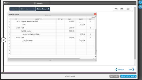 Test 2 Calculator ? Instruction Chart of Accounts General Journal 1 General Journal POST. REF. CREDIT Acco ASSETS DATE Apr 1
