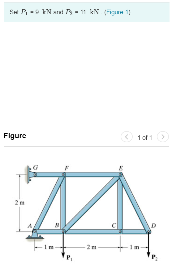Set P1 = 9 kN and P2 = 11 kN. (Figure 1) Figure < 1 of 1 > G E 2 2 m T А B D 1 m 2 m 1 m P2
