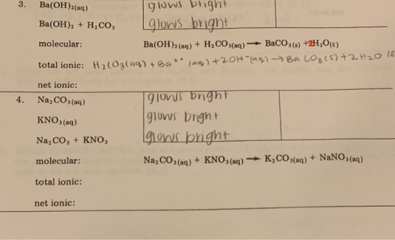 3. BalOH)(aq) grows bright Ba(OH)2 + H2CO, Llows bright molecular: Ba(OH)2 (aq) + H, CO3(aq) → BaCO3(s) +2H2O() total ionic: