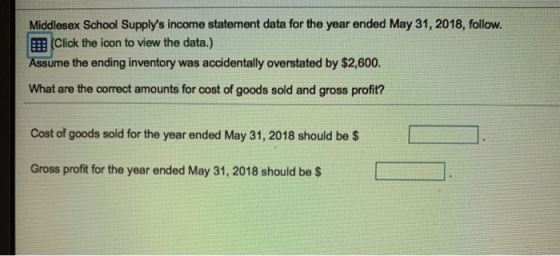 Middlesex School Supplys income statement data for the year ended May 31, 2018, follow. (Click the icon to view the data.) A