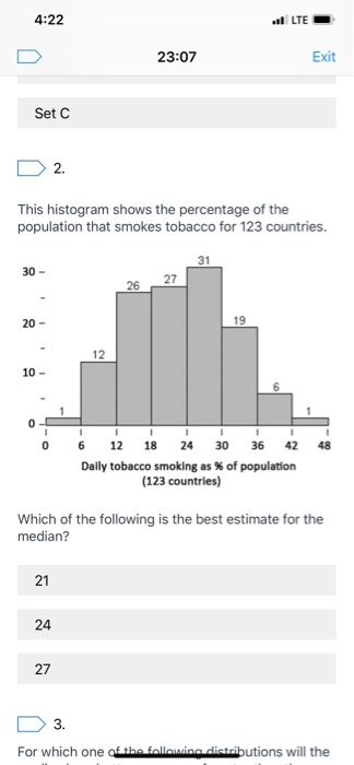4:22 LTE 23:07 Exit Set C 2. This histogram shows the percentage of the population that smokes tobacco for 123 countries. 31