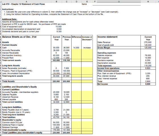 B C D E Name F HT Lab #10 - Chapter 12 Statement of Cash Flows Instructions: 1. Calculate the year-over-year difference in co