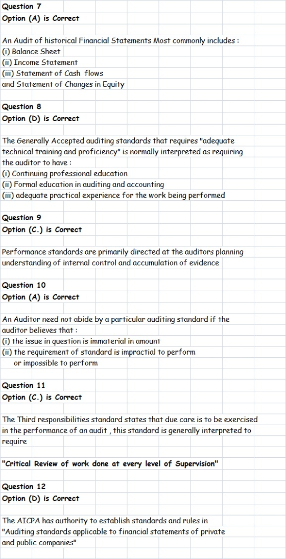 Question 7 Option (A) is Correct An Audit of historical Financial Statements Most commonly includes: (i) Balance Sheet (ii) I