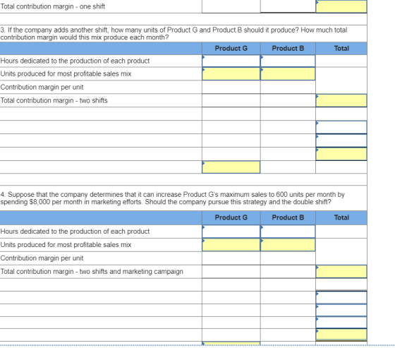 Total contribution margin-one shift 3. If the company adds another shift, how many units of Product G and Product B should it