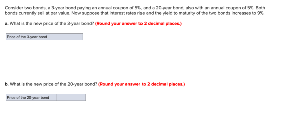 Consider two bonds, a 3-year bond paying an annual coupon of 5%, and a 20-year bond, also with an annual coupon of 5%. Both b