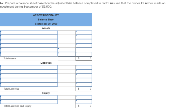 2-c. Prepare a balance sheet based on the adjusted trial balance completed in Part 1. Assume that the owner, Eli Arrow, made
