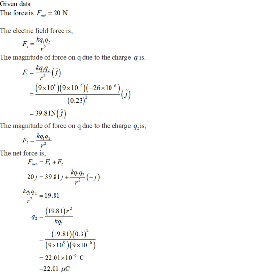 Given data he force is Fnet 20 N The electric field force is The magnitude of force on q due to the charge qis 7 98 109 )(9×10-6)(-26x 10-6 (0.23) 39.8 ING The magnitude of force on q due to the charge q,is, The net force is Fnet FF2 2-19.81 (19.81)r (19.81)(0.3) (9x109)(9x10) 22.01×10-6 C -22.01 μC