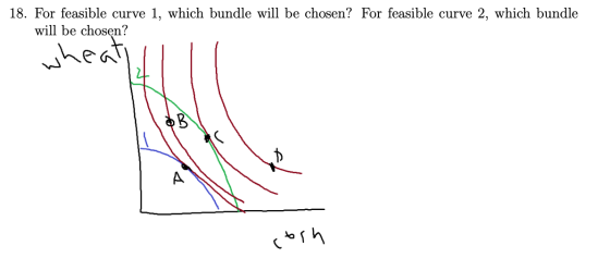 18. For feasible curve 1, which bundle will be chosen? For feasible curve 2, which bundle will be chosen? wheat B A cosh
