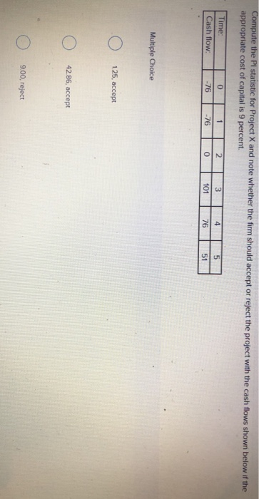 Compute the Pl statistic for Project X and note whether the firm should accept or reject the project with the cash flows show