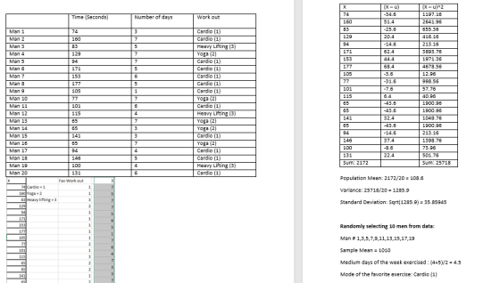 х 74 Time (Seconds) Number of days Work out (X-u) -34.6 51.4 -25.6 20.4 -14.6 62.4 160 83 129 94 74 160 R3 3 7 5 7 7 5 129 94