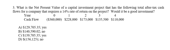 3. What is the Net Present Value of a capital investment project that has the following total after-tax cash flows for a comp