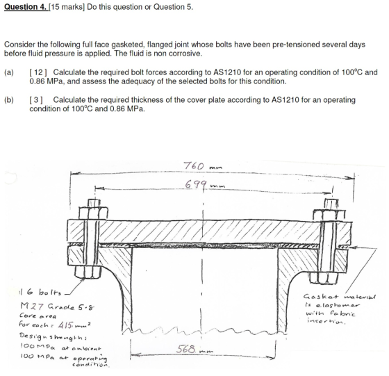 Question 4. [15 marks] Do this question or Question 5. Consider the following full face gasketed, flanged joint whose bolts h