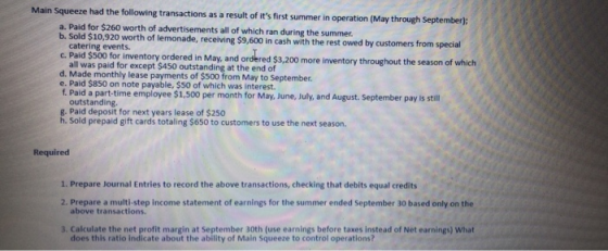 Main Squeeze had the following transactions as a result of its first summer in operation (May through September); a. Paid fo