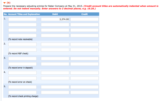 (b) Prepare the necessary adjusting entries for Reber Company at May 31, 2015. (Credit account titles are automatically inden