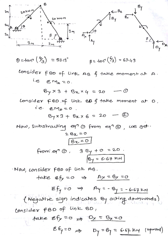 ! 20 kn.m 20 Km zm . KOY is 3m 3m Ostant (%) = 53.13 Betan (%) = 63-43 consider FBO of Link AB of tale moment at A. le EMA z