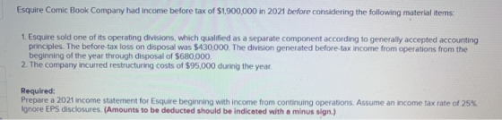 Esquire Comic Book Company had income before tax of $1,900,000 in 2021 before considering the following material items: 1. Es