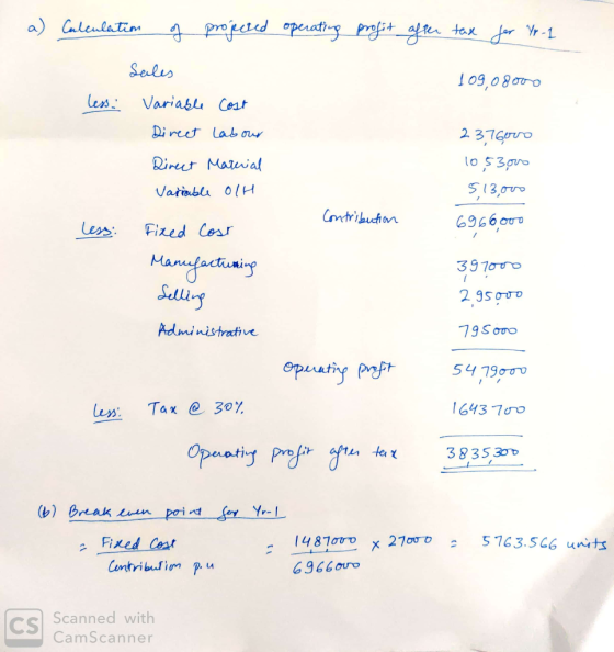 a) operating profit after tax for Yr - 1 109,08000 Calculation of projected Sales less. Variable Cost Direct Labour Direct Ma