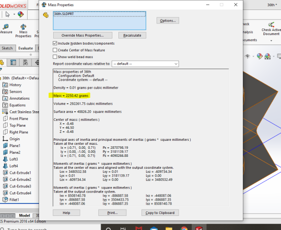 F Mass Properties - 36th * OLIDWORKS lo 36th.SLDPRT Options... heck leasure ste Mass S Properties Pro nalysis Check Active Do