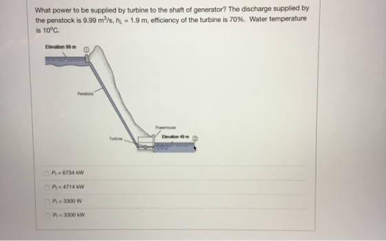 What power to be supplied by turbine to the shaft of generator? The discharge supplied by the penstock is 9.99 m/s, h = 1.9 m