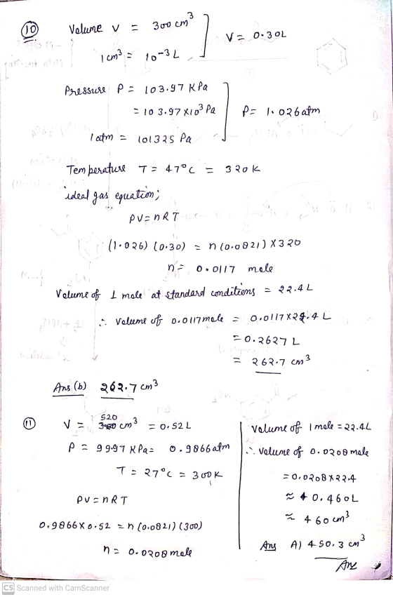 (10 Volume va cm3 300 cm V = 0.30L 1 cm3 10-3L Pressure p = 103.97 kPa = 103.97X103 Pa P= 1.026 atm I atm - 101325 Pa 3२०८ Te