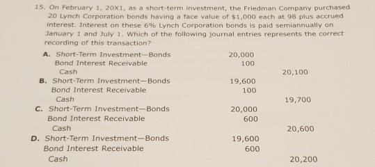 15. On February 1, 20x1, as a short-term investment, the Friedman Company purchased 20 Lynch Corporation bonds having a face value of $1,000 each at 98 plus accrued interest. Interest on these 696 Lynch Corporation bonds is paid semiannually on January 1 and July 1. Which of the following journal entries represents the correct recording of this transaction? A. Short-Term Investment-Bonds 20,000 100 Bond Interest Receivable Cash 20,100 B. Short-Term Investment-Bonds 19,600 100 Bond Interest Receivable Cash 19,700 C. Short-Term Investment-Bonds 20,000 600 Bond Interest Receivable Cash 20,600 19,600 600 D. Short-Term Investment-Bonds Bond Interest Receivable Cash 20,200