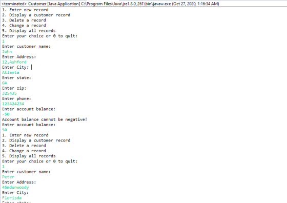 <terminated> Customer (Java Application] C:\Program Files\Java\jre1.8.0_261\bin\javaw.exe (Oct 27, 2020, 1:16:34 AM) 1. Enter