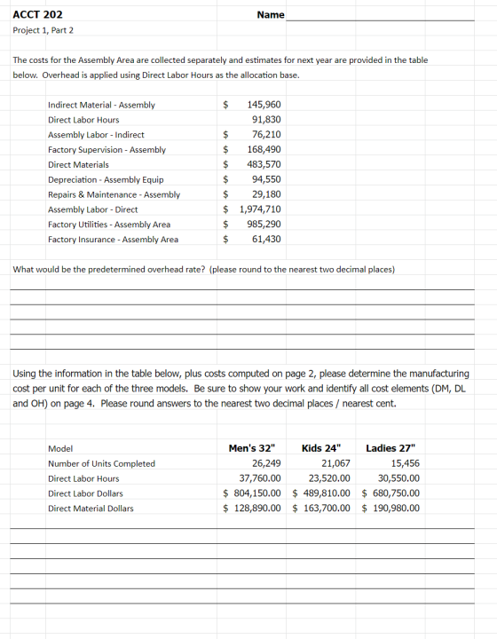 Name ACCT 202 Project 1, Part 2 The costs for the Assembly Area are collected separately and estimates for next year are prov