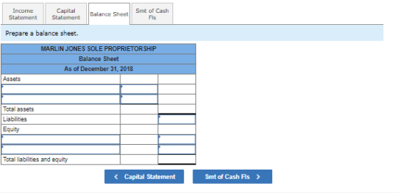 Income Statement Capital Statement Balance Sheet Smt of Cash Fls Prepare a balance sheet. MARLIN JONES SOLE PROPRIETOR SHIP B