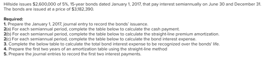 Hillside issues $2,600,000 of 5%, 15-year bonds dated January 1, 2017, that pay interest semiannually on June 30 and December