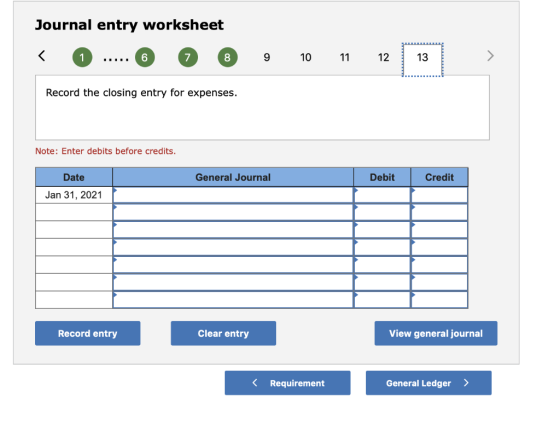 Journal entry worksheet < 0..... 6 0 9 10 11 12 13 ) Record the closing entry for expenses. Note: Enter debits before credits
