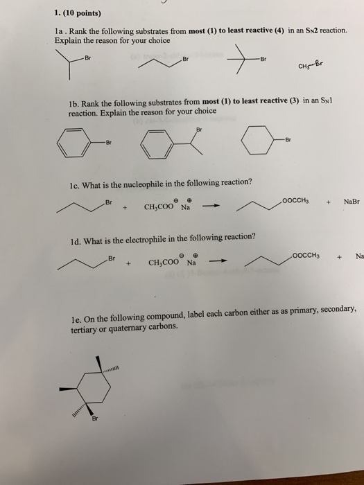 1. (10 points) la. Rank the following substrates from most (1) to least reactive (4) in an SN2 reaction. Explain the reason f